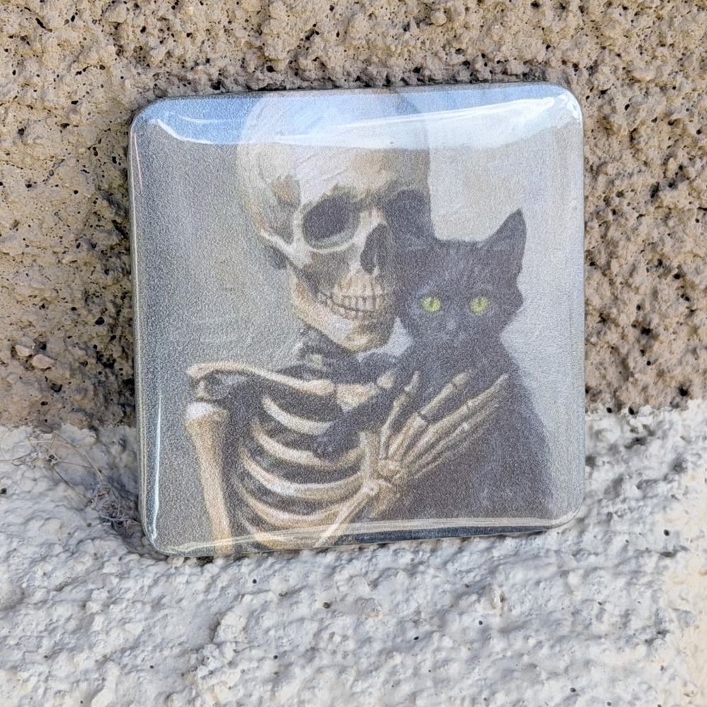 Handmade Skeleton Holding Black Cat Magnet Gothic‎ Horror 2x2 Square